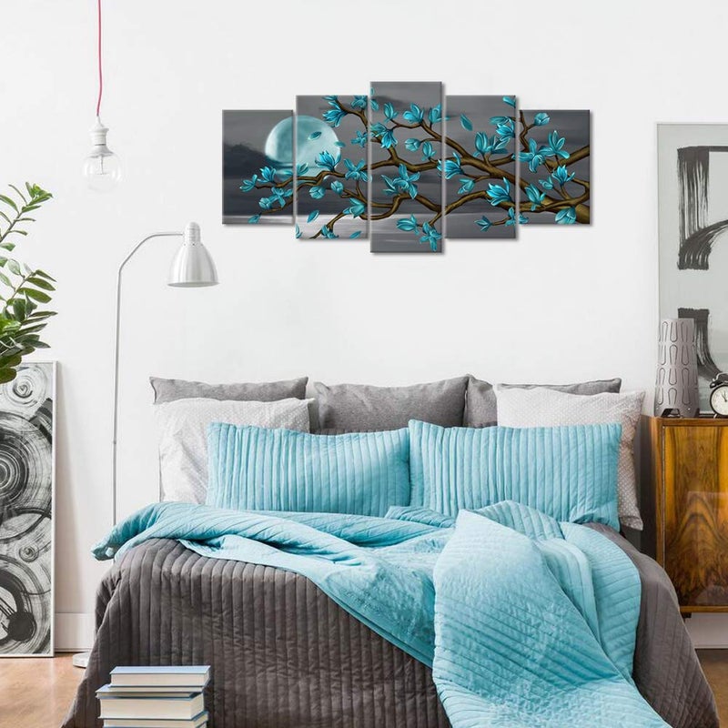 Visual Art Decor Beautiful Flowers Wall Art Abstract Teal Magnolia Blossom Over Sea Canvas Prints Gallery Wrap Floral Decoration Modern Living Room Bedroom Home Artwork Gift (W-50xH-24) - Image 2